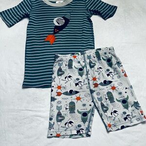 Hanna Andersson Green Stripe Tee and Space Rocket Pajama Set with Orange Accents